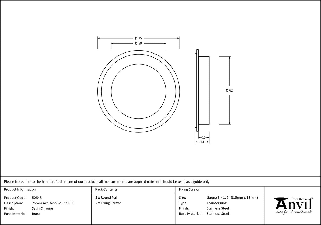From The Anvil - Satin Chrome 75mm Art Deco Round Pull | Sku. 50645 | Trade Door Handles.