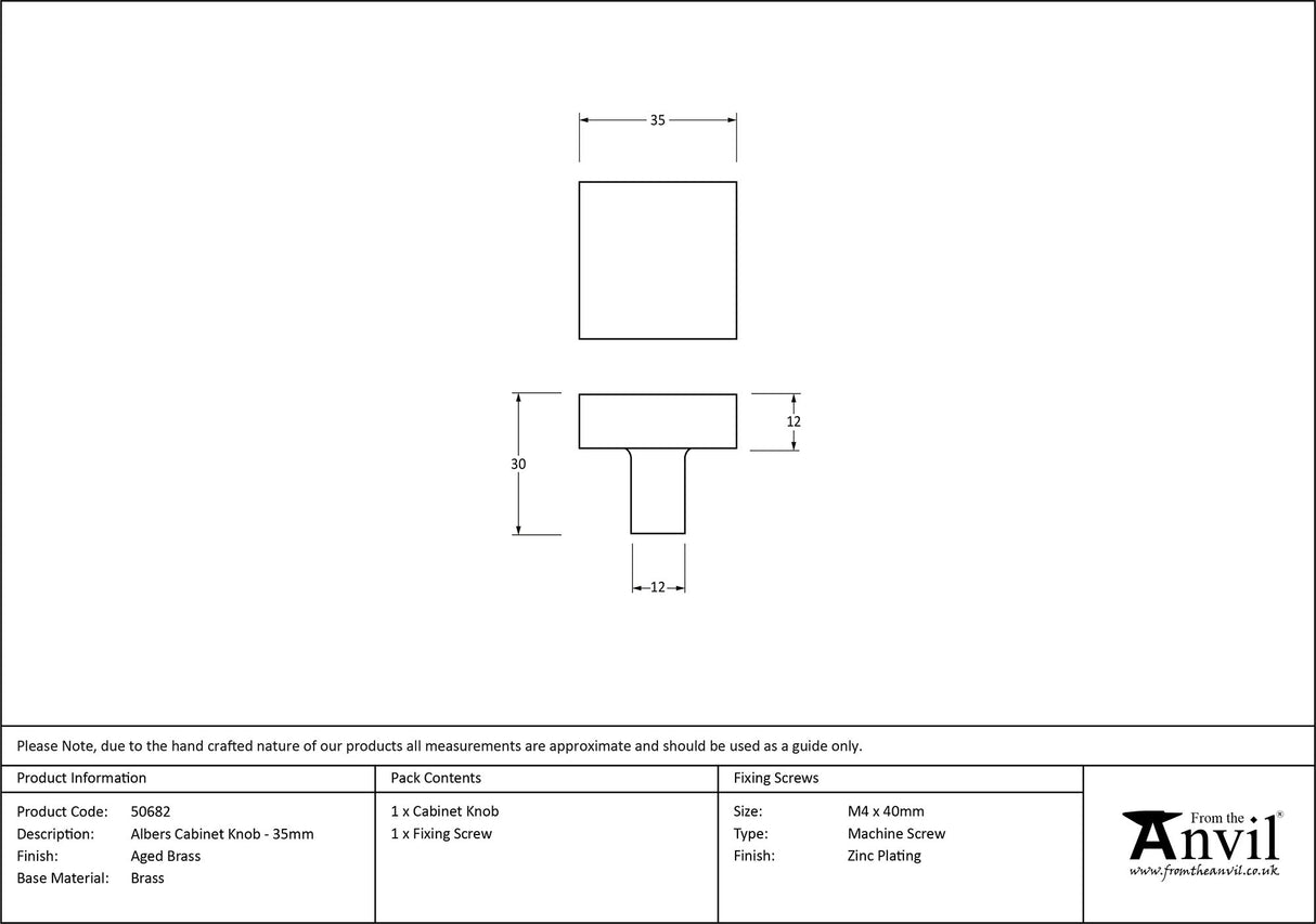 From The Anvil - Aged Brass Albers Cabinet Knob - 35mm | Sku. 50682 | Trade Door Handles.