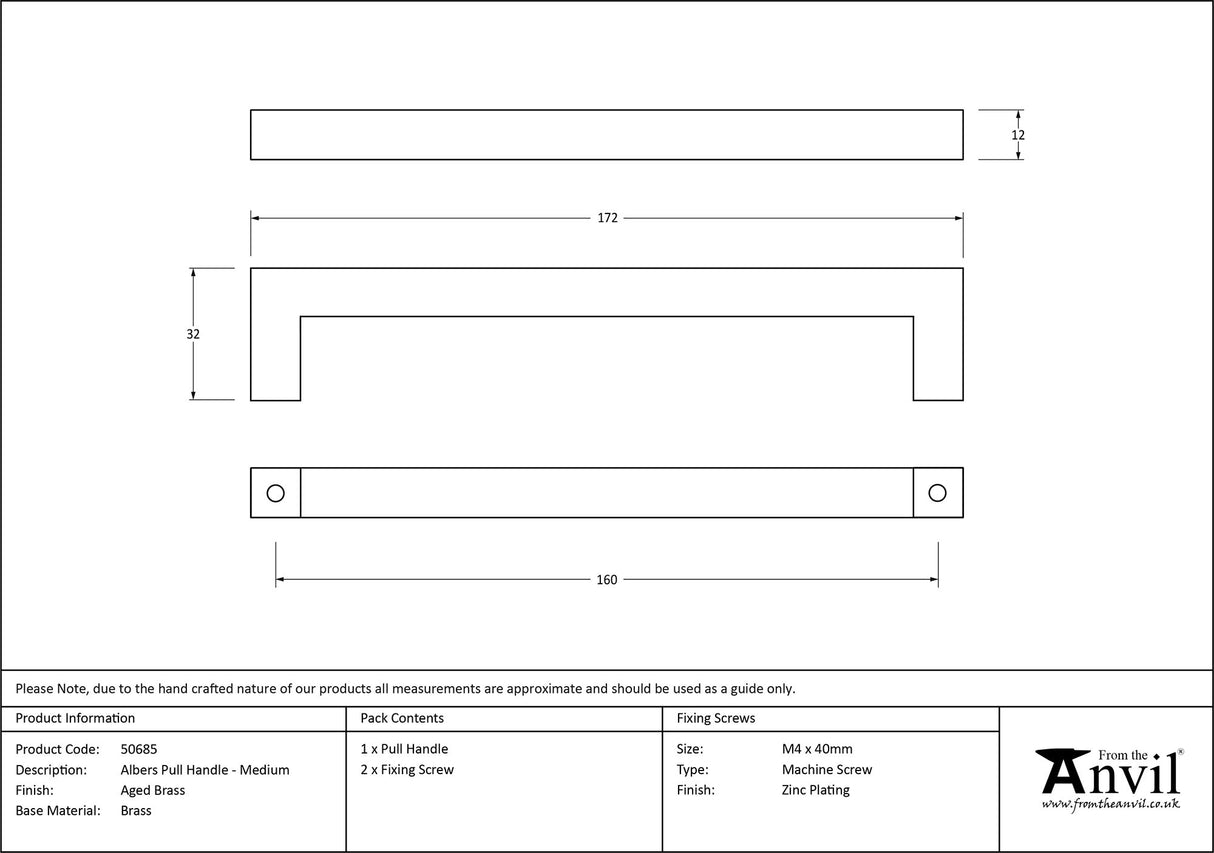 From The Anvil - Aged Brass Albers Pull Handle - Medium | Sku. 50685 | Trade Door Handles.
