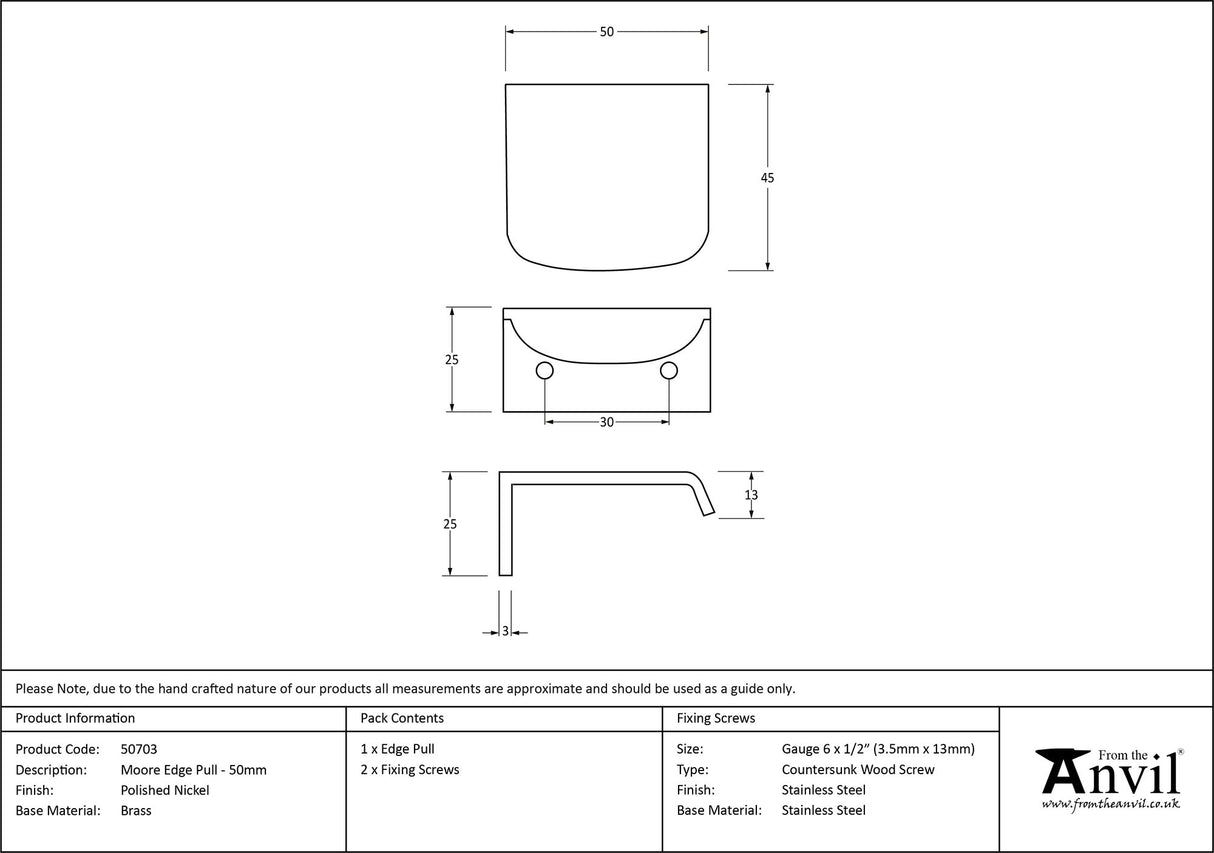 From The Anvil - Polished Nickel 50mm Moore Edge Pull | Sku. 50703 | Trade Door Handles.