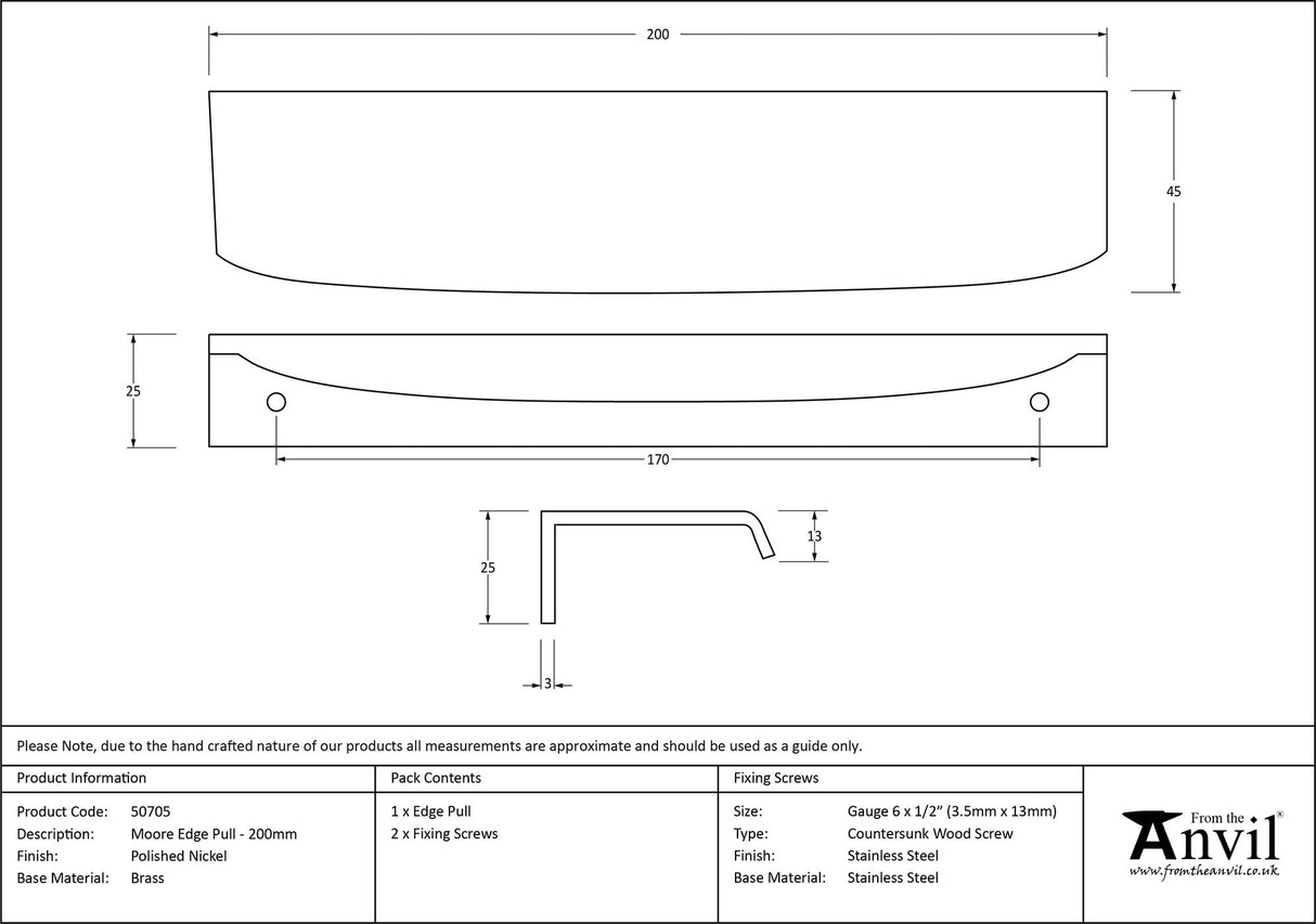 From The Anvil - Polished Nickel 200mm Moore Edge Pull | Sku. 50705 | Trade Door Handles.