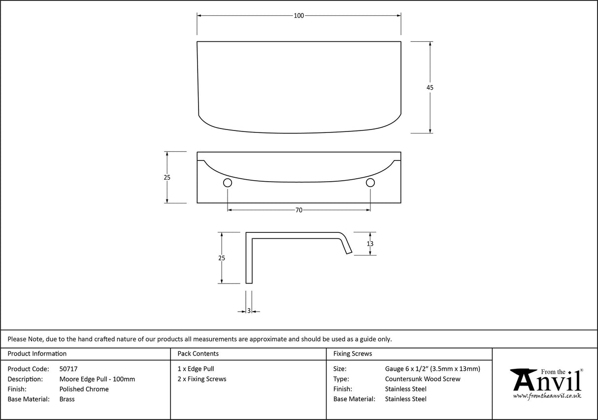 From The Anvil - Polished Chrome 100mm Moore Edge Pull | Sku. 50717 | Trade Door Handles.