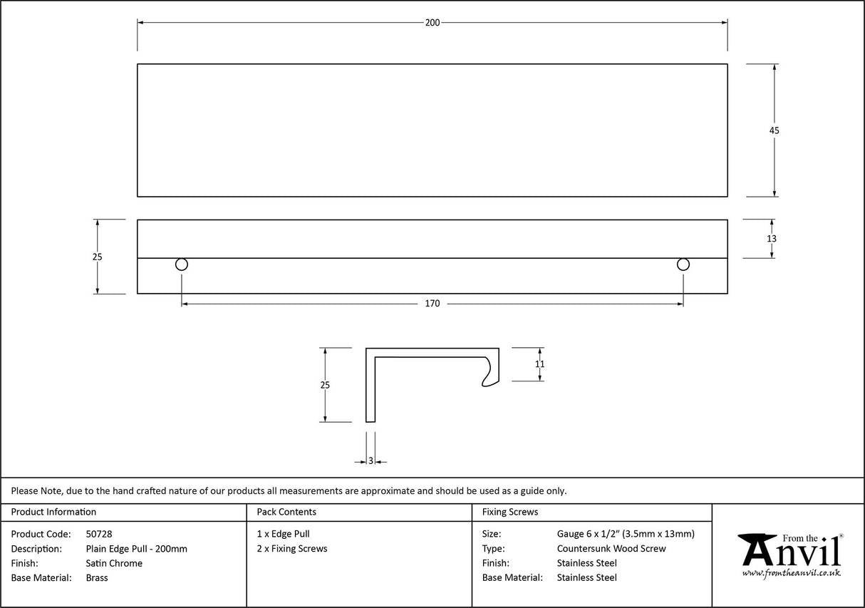 From The Anvil - Satin Chrome 200mm Plain Edge Pull | Sku. 50728 | Trade Door Handles.
