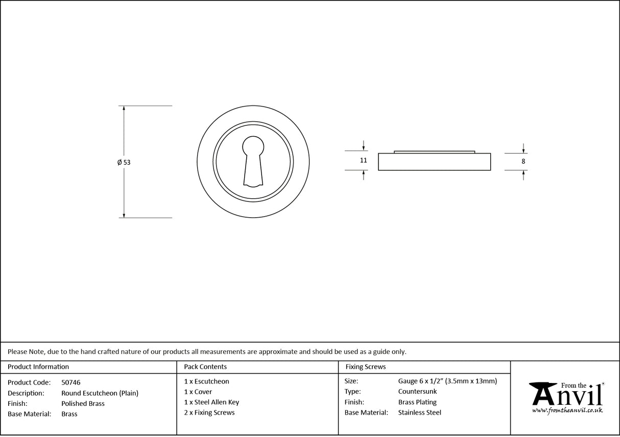 From The Anvil - Polished Brass Round Escutcheon (Plain) | Sku. 50746 | Trade Door Handles.
