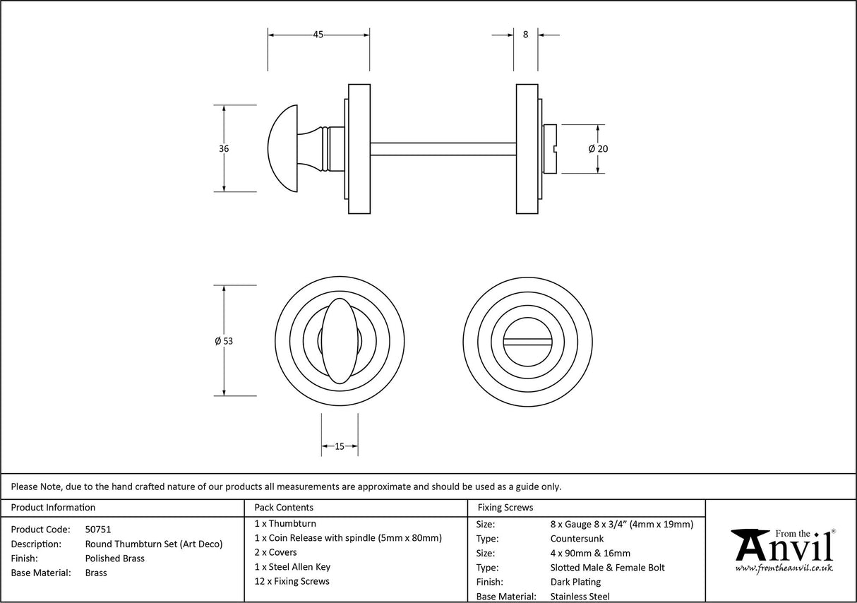 From The Anvil - Polished Brass Round Thumbturn Set (Art Deco) | Sku. 50751 | Trade Door Handles.