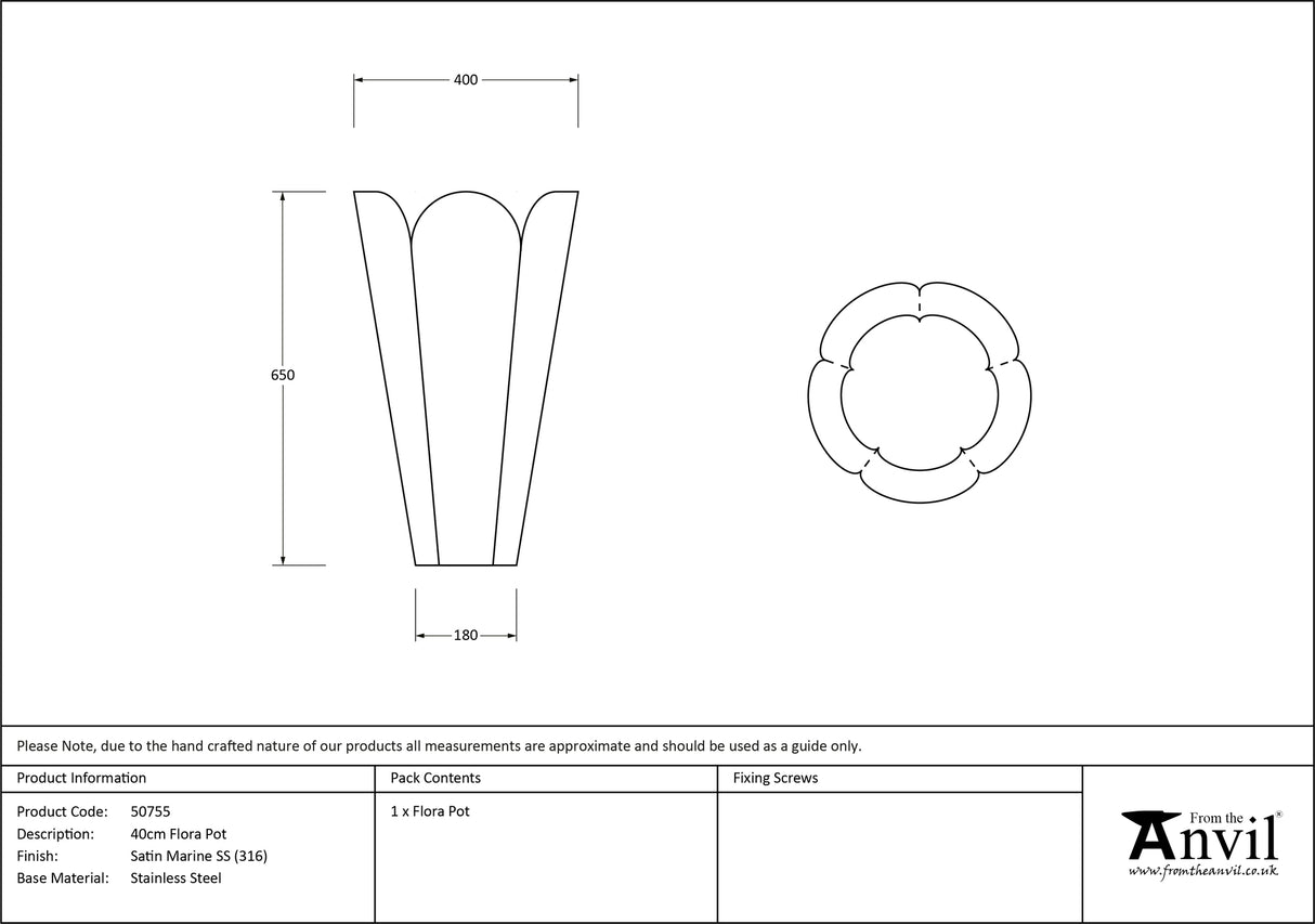 From The Anvil - Satin Marine SS (316) 40cm Flora Pot | Sku. 50755 | Trade Door Handles.