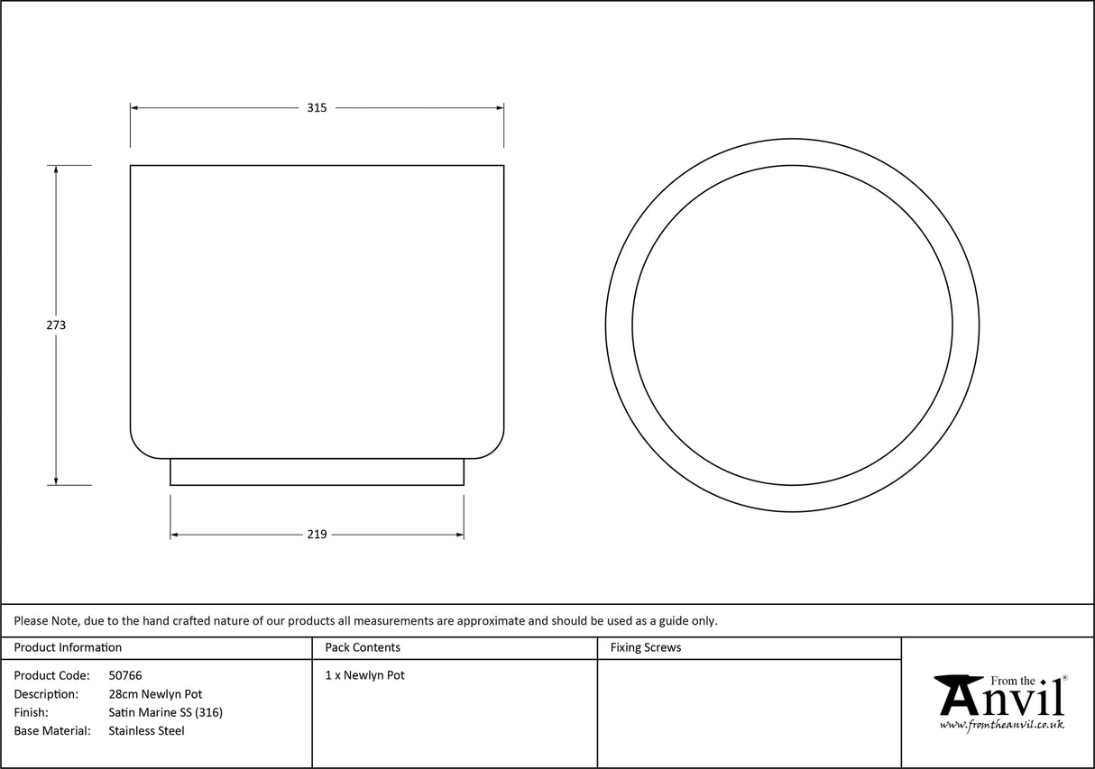 From The Anvil - Satin Marine SS (316) 28cm Newlyn Pot | Sku. 50766 | Trade Door Handles.