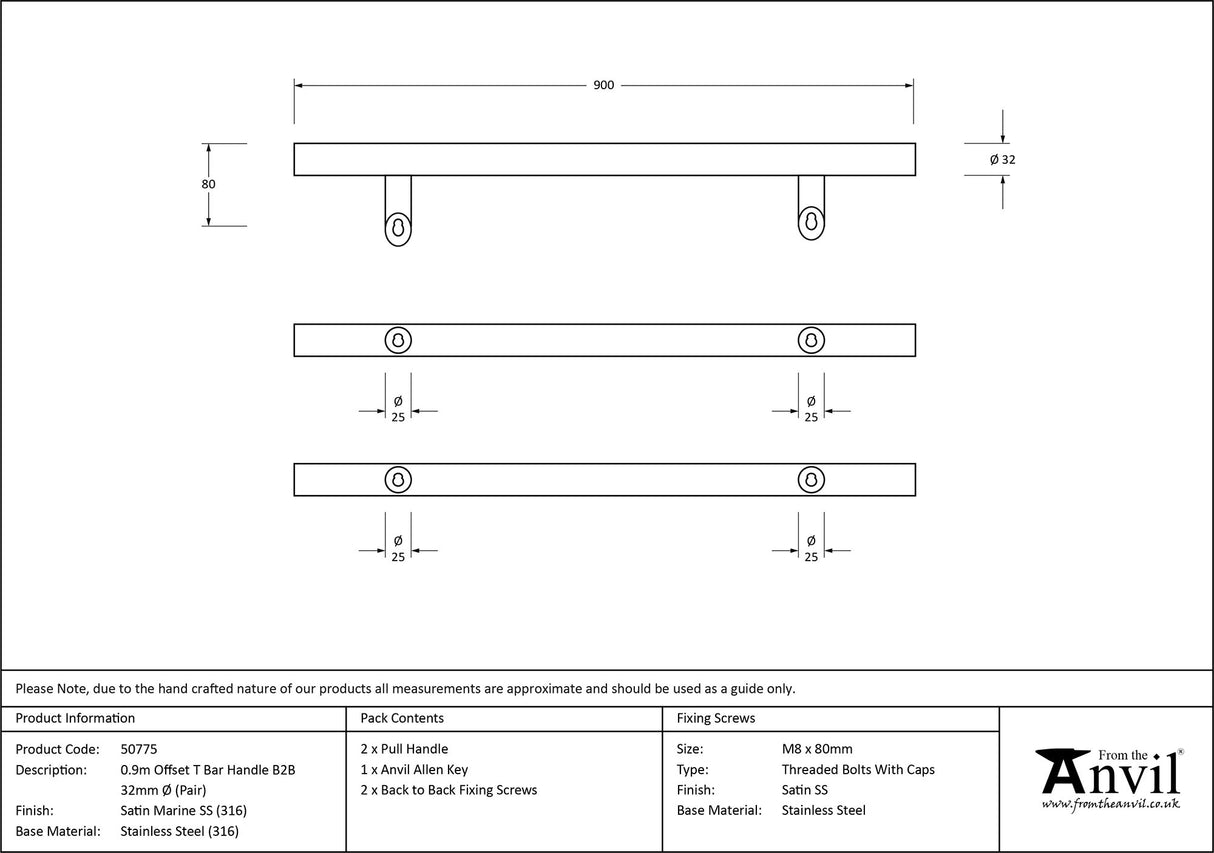 From The Anvil - Satin Marine SS (316) 0.9m Offset T Bar Handle B2B 32mm | Sku. 50775 | Trade Door Handles.