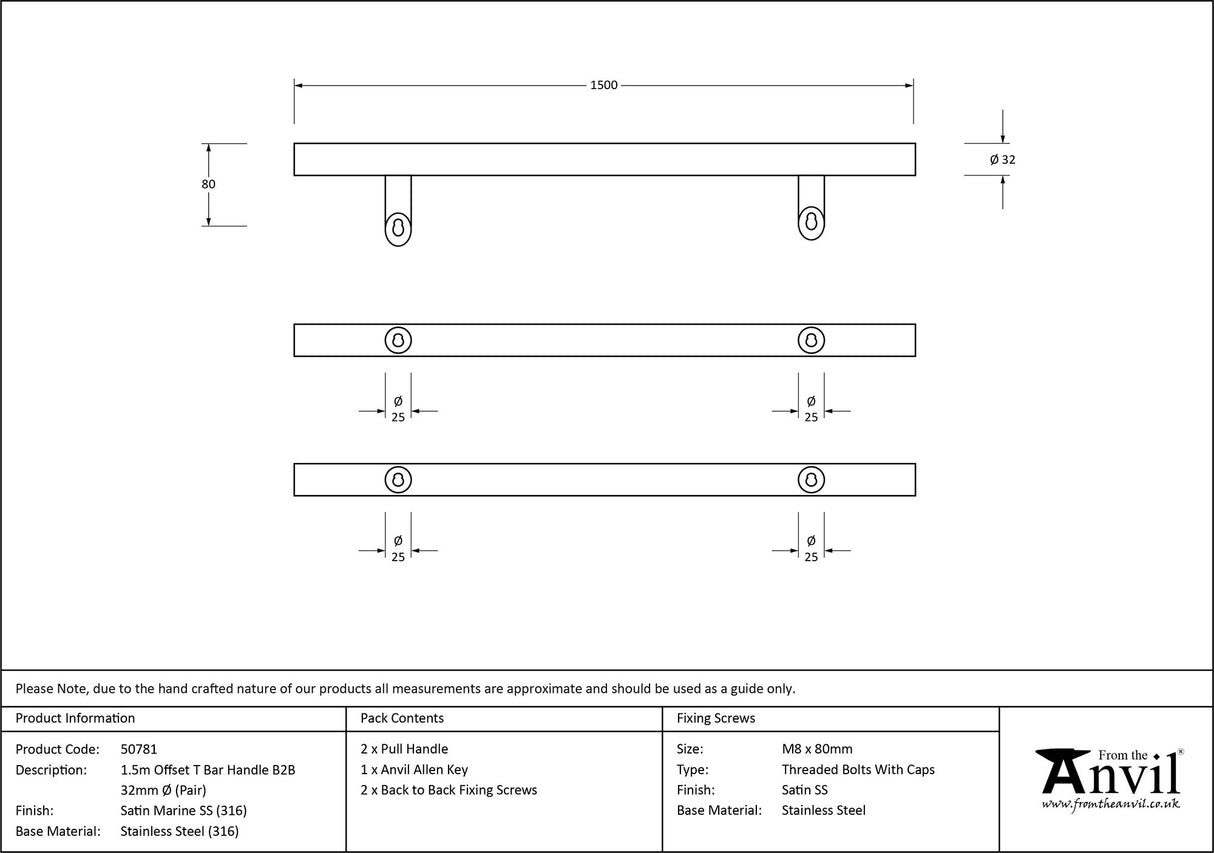 From The Anvil - Satin Marine SS (316) 1.5m Offset T Bar Handle B2B 32mm | Sku. 50781 | Trade Door Handles.
