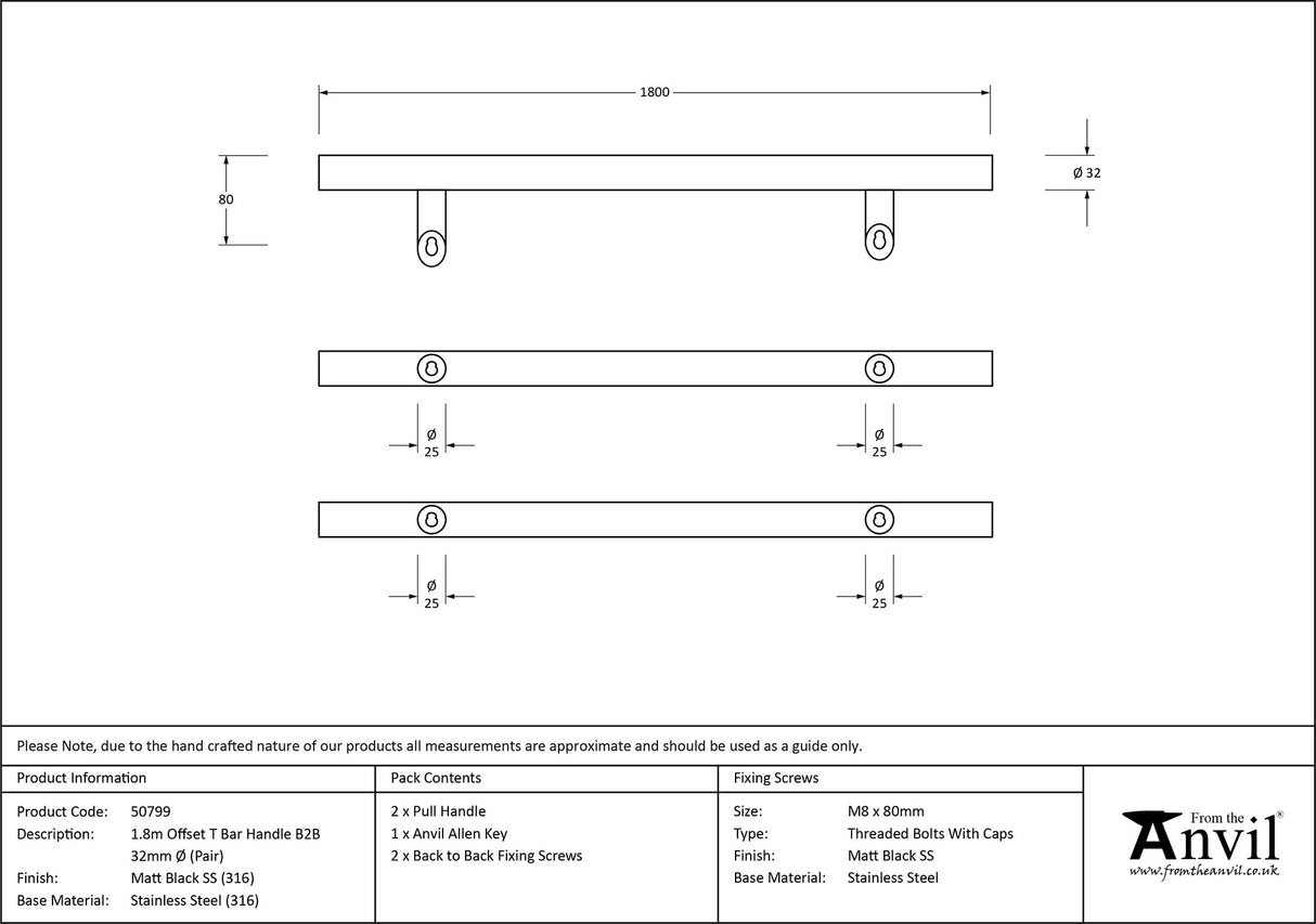 From The Anvil - Matt Black (316) 1.8m Offset T Bar Handle B2B 32mm | Sku. 50799 | Trade Door Handles.