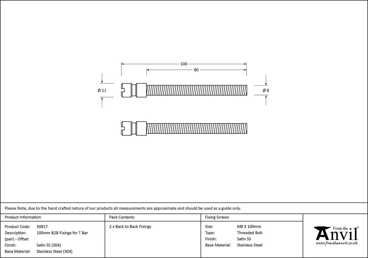 From The Anvil - Satin SS (304) 100mm Back to Back Fixings for T Bar (2) - Offset | Sku. 50817 | Trade Door Handles.