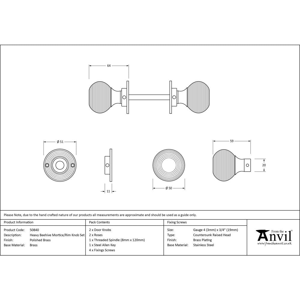 From The Anvil - Polished Brass Heavy Beehive Mortice/Rim Knob Set | Sku. 50840 | Trade Door Handles.