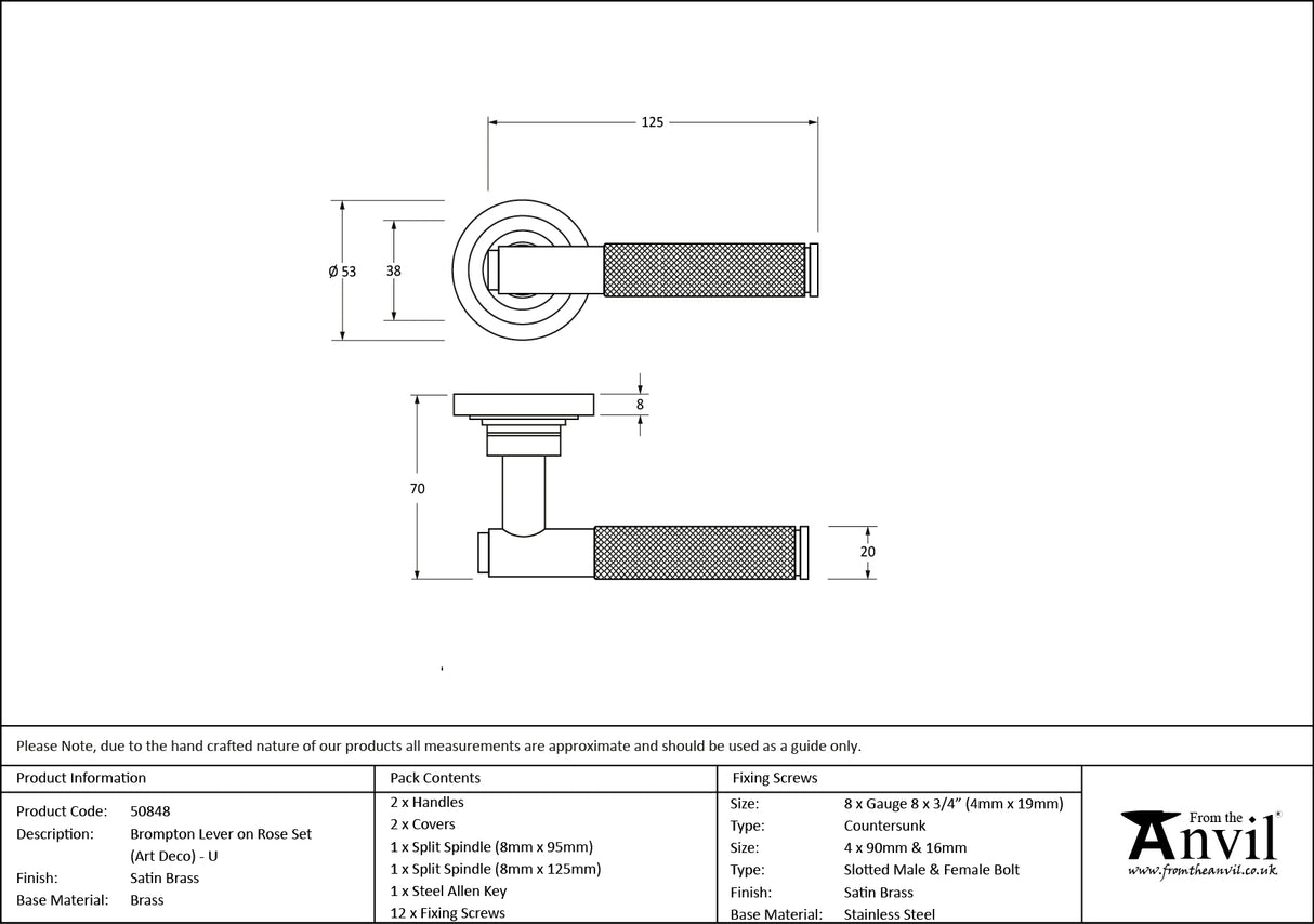 From The Anvil - Satin Brass Brompton Lever on Rose Set (Art Deco) - Unsprung | Sku. 50848 | Trade Door Handles.