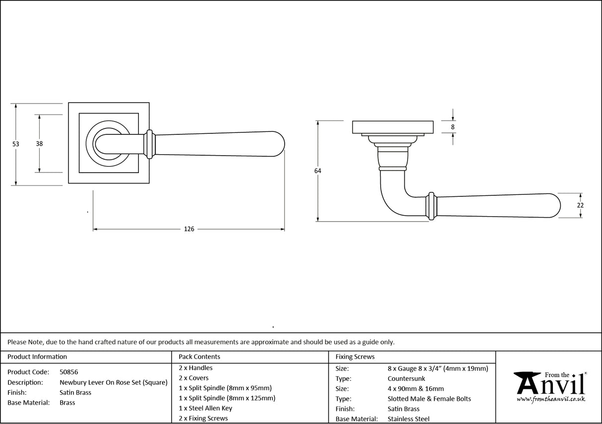 From The Anvil - Satin Brass Newbury Lever on Rose Set (Square) | Sku. 50856 | Trade Door Handles.