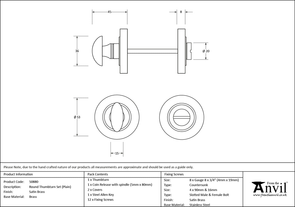 From The Anvil - Satin Brass Round Thumbturn Set (Plain) | Sku. 50880 | Trade Door Handles.