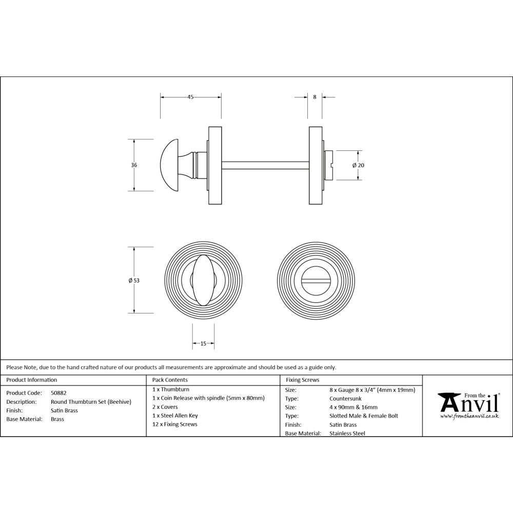 From The Anvil - Satin Brass Round Thumbturn Set (Beehive) | Sku. 50882 | Trade Door Handles.