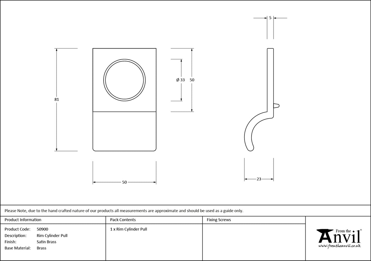 From The Anvil - Satin Brass Rim Cylinder Pull | Sku. 50900 | Trade Door Handles.