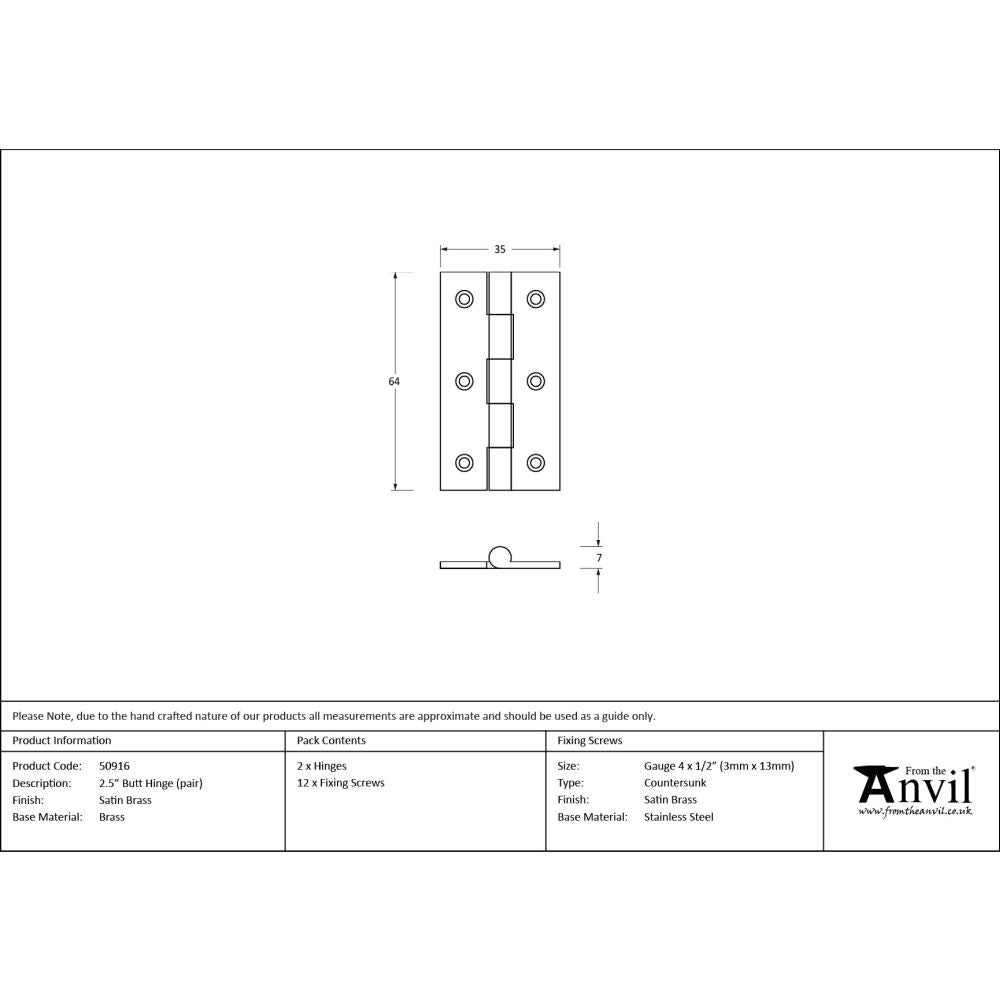 From The Anvil - Satin Brass 2.5" Butt Hinge (pair) | Sku. 50916 | Trade Door Handles.