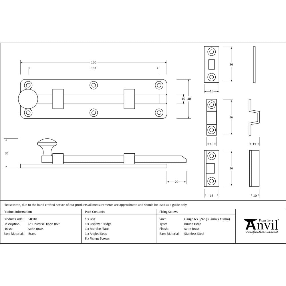 From The Anvil - Satin Brass 6" Universal Bolt | Sku. 50918 | Trade Door Handles.