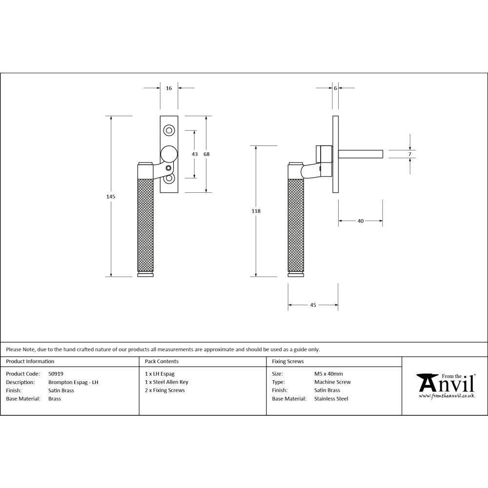 From The Anvil - Satin Brass Brompton Espag - LH | Sku. 50919 | Trade Door Handles.