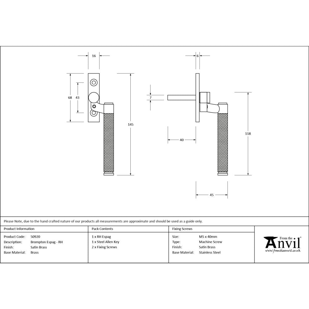 From The Anvil - Satin Brass Brompton Espag - RH | Sku. 50920 | Trade Door Handles.