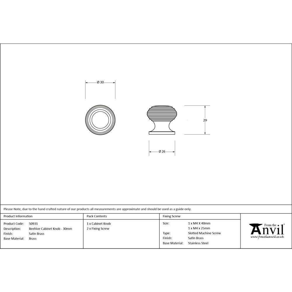 From The Anvil - Satin Brass Beehive Cabinet Knob 30mm | Sku. 50931 | Trade Door Handles.