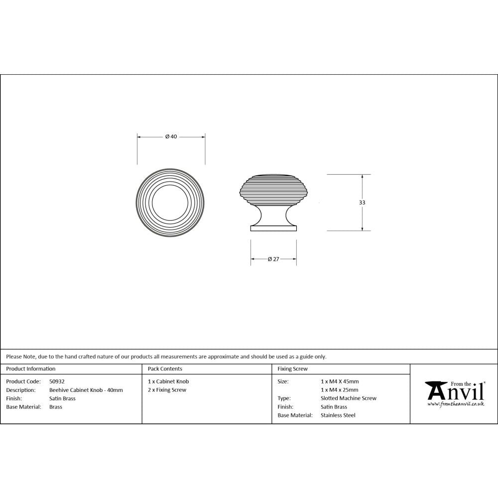 From The Anvil - Satin Brass Beehive Cabinet Knob 40mm | Sku. 50932 | Trade Door Handles.