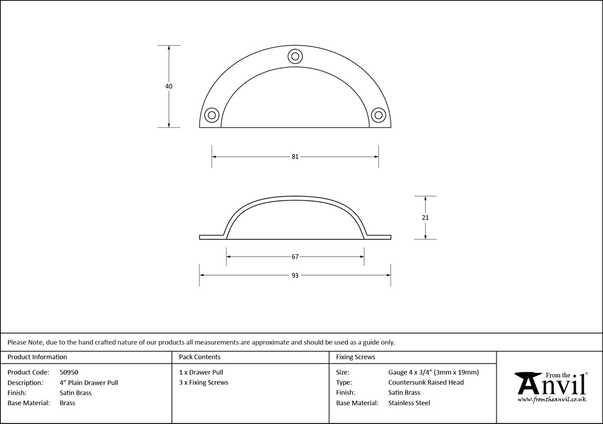 From The Anvil - Satin Brass 4" Plain Drawer Pull | Sku. 50950 | Trade Door Handles.
