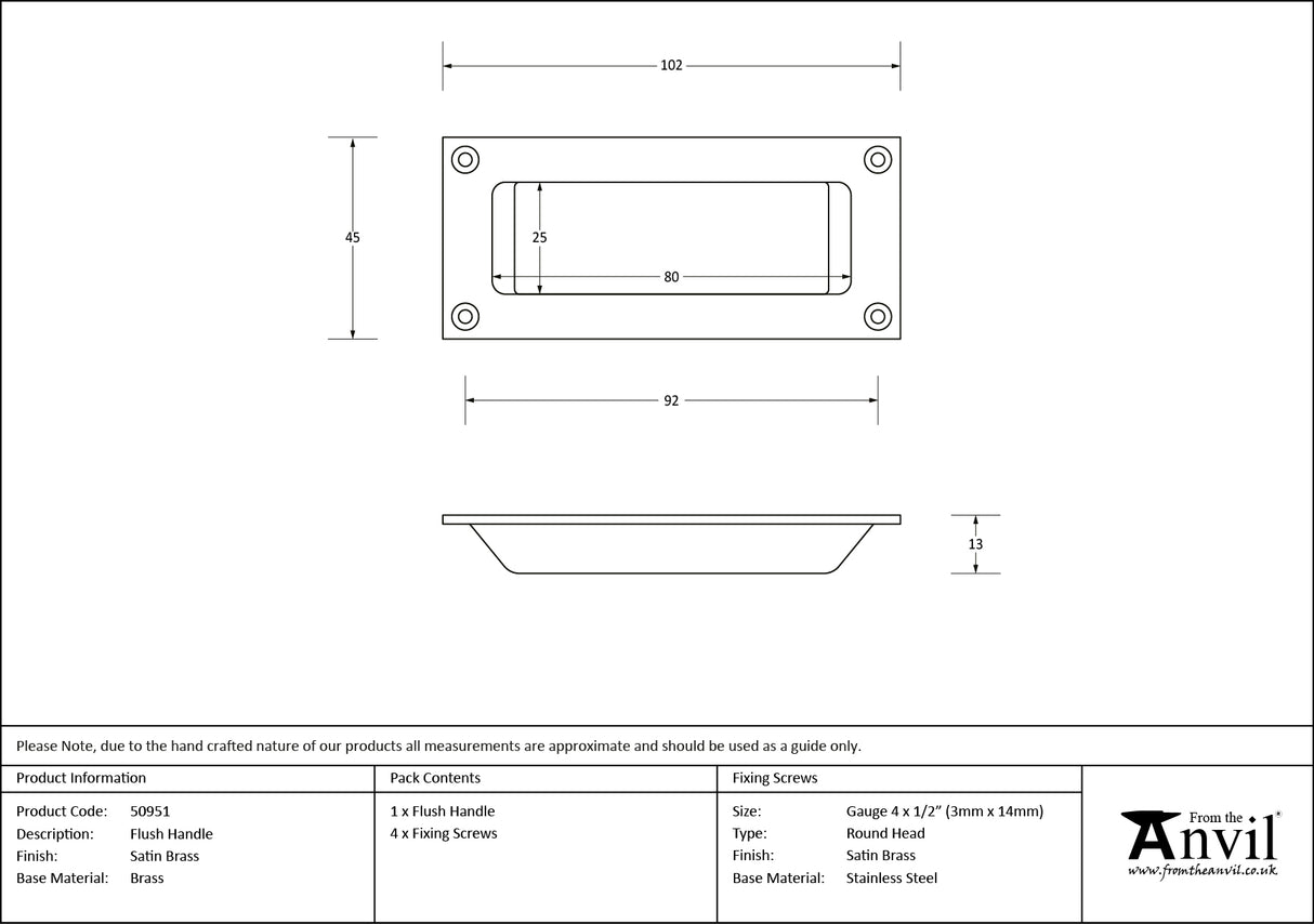 From The Anvil - Satin Brass Flush Handle | Sku. 50951 | Trade Door Handles.
