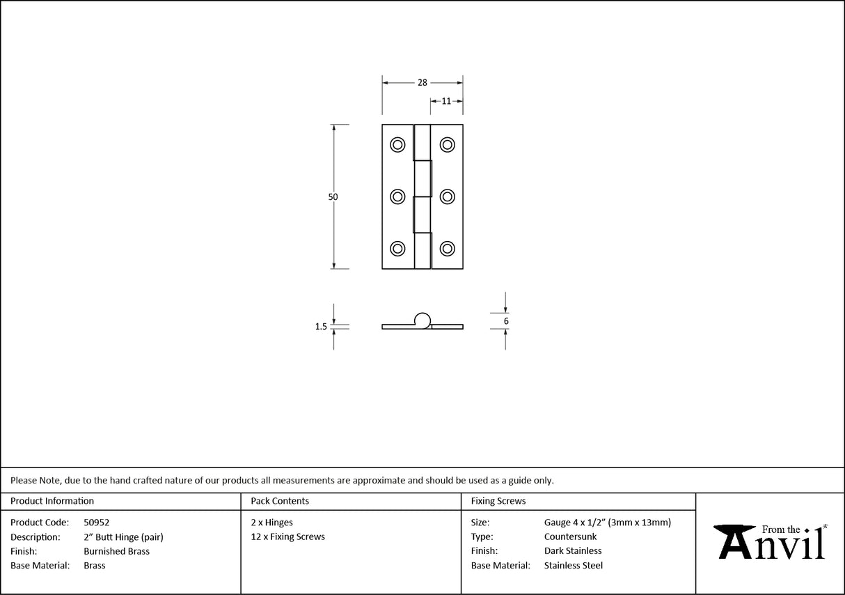 From The Anvil - Burnished Brass 2" Butt Hinge (pair) | Sku. 50952 | Trade Door Handles.