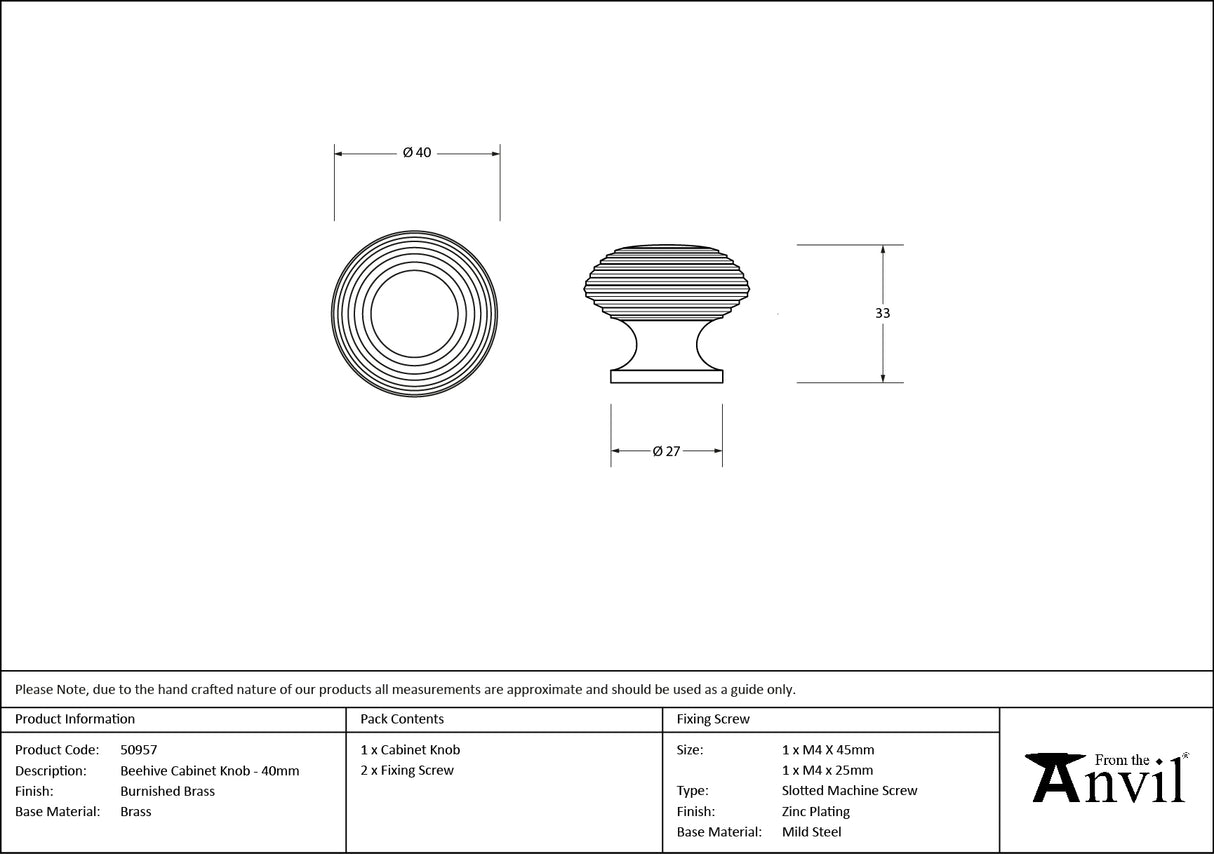 From The Anvil - Burnished Brass Beehive Cabinet Knob 40mm | Sku. 50957 | Trade Door Handles.