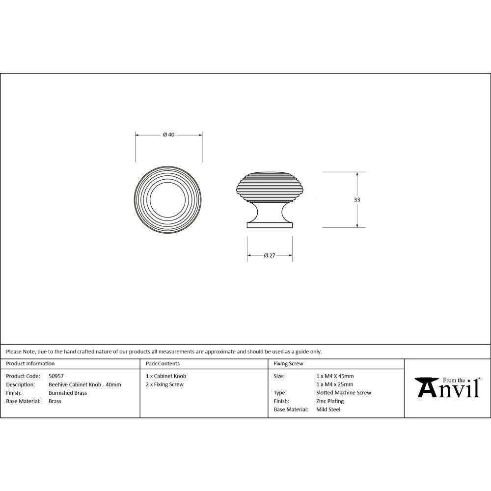 From The Anvil - Burnished Brass Beehive Cabinet Knob 40mm | Sku. 50957 | Trade Door Handles.