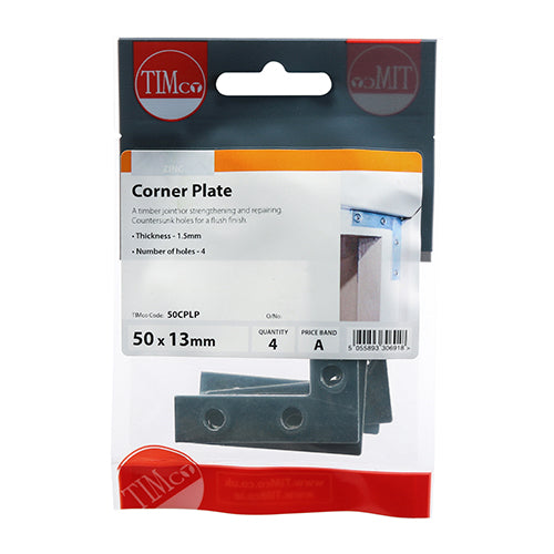 This is an image of Timco - Corner Plates - Zinc 50 x 50 x 13 (4 Pieces TIMpac) 50CPLP