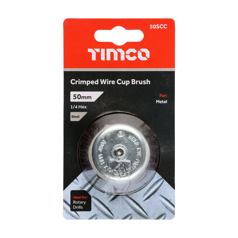 This is an image of Timco - Drill Cup Brush - Crimped Steel Wire 50mm (1 Each Blister Pack) 50SCC