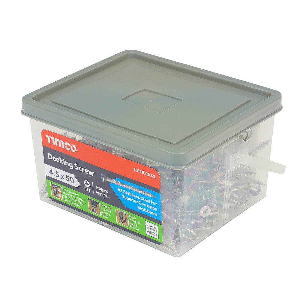 This is an image of Timco - Decking Screws - PZ - Double Countersunk - Stainless Steel 4.5 x 50mm - (250 PCS Tub) 50TDECKSS