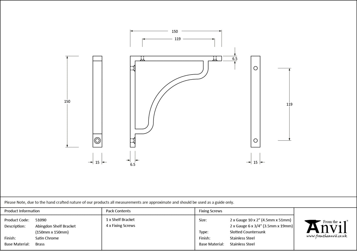 From The Anvil - Satin Chrome Abingdon Shelf Bracket (150mm x 150mm) | Sku. 51090 | Trade Door Handles.
