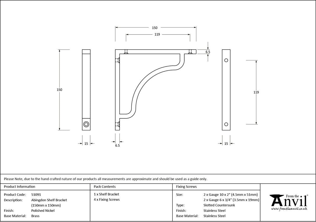 From The Anvil - Polished Nickel Abingdon Shelf Bracket (150mm x 150mm) | Sku. 51091 | Trade Door Handles.