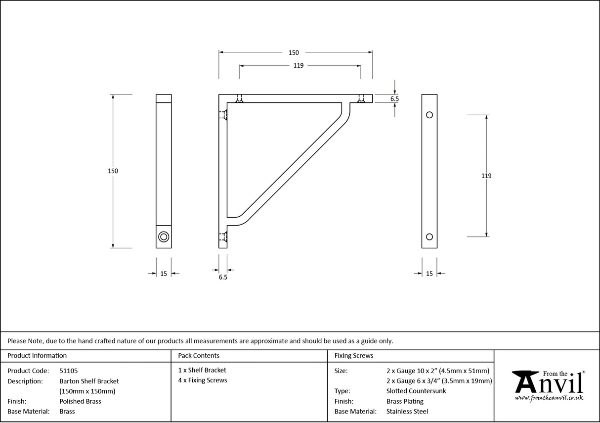 From The Anvil - Polished Brass Barton Shelf Bracket (150mm x 150mm) | Sku. 51105 | Trade Door Handles.