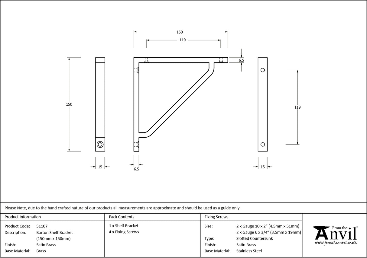 From The Anvil - Satin Brass Barton Shelf Bracket (150mm x 150mm) | Sku. 51107 | Trade Door Handles.