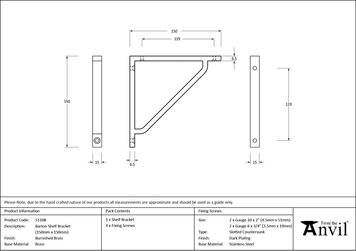 From The Anvil - Burnished Brass Barton Shelf Bracket (150mm x 150mm) | Sku. 51108 | Trade Door Handles.