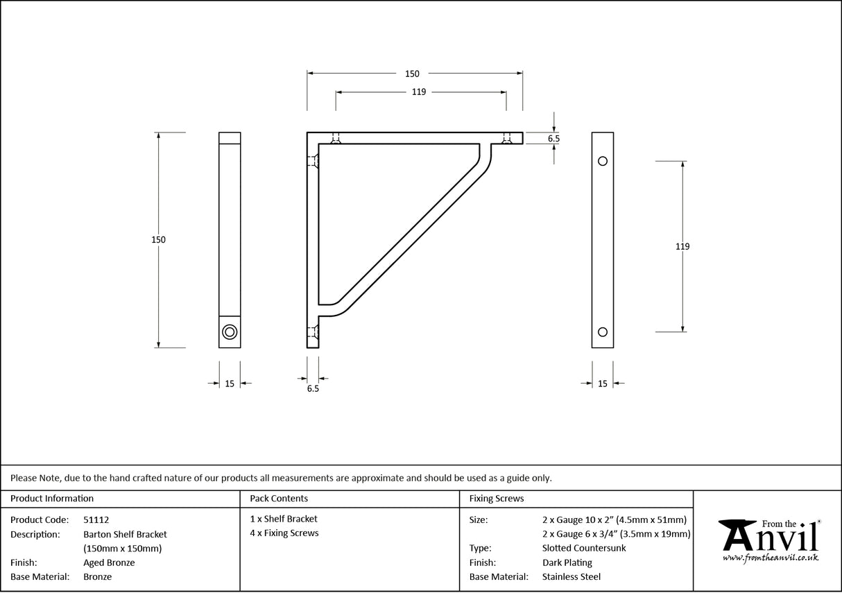 From The Anvil - Aged Bronze Barton Shelf Bracket (150mm x 150mm) | Sku. 51112 | Trade Door Handles.