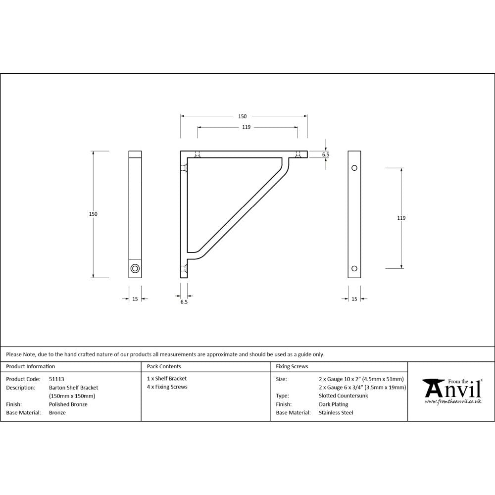 From The Anvil - Polished Bronze Barton Shelf Bracket (150mm x 150mm) | Sku. 51113 | Trade Door Handles.
