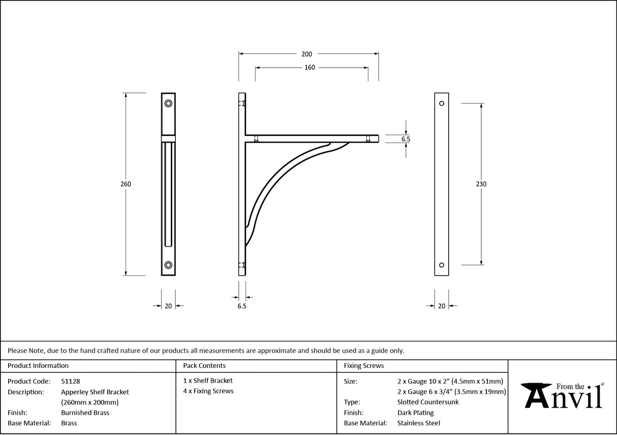 From The Anvil - Burnished Brass Apperley Shelf Bracket (260mm x 200mm) | Sku. 51128 | Trade Door Handles.