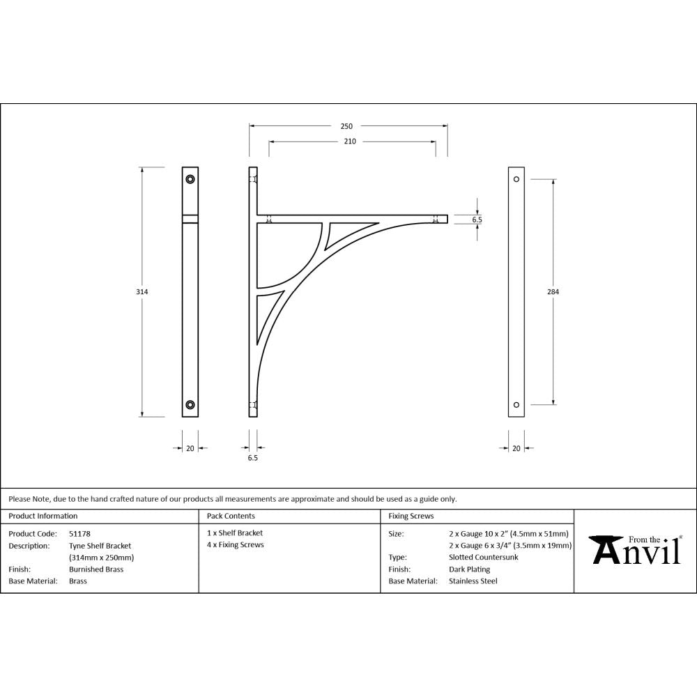 From The Anvil - Burnished Brass Tyne Shelf Bracket (314mm x 250mm) | Sku. 51178 | Trade Door Handles.