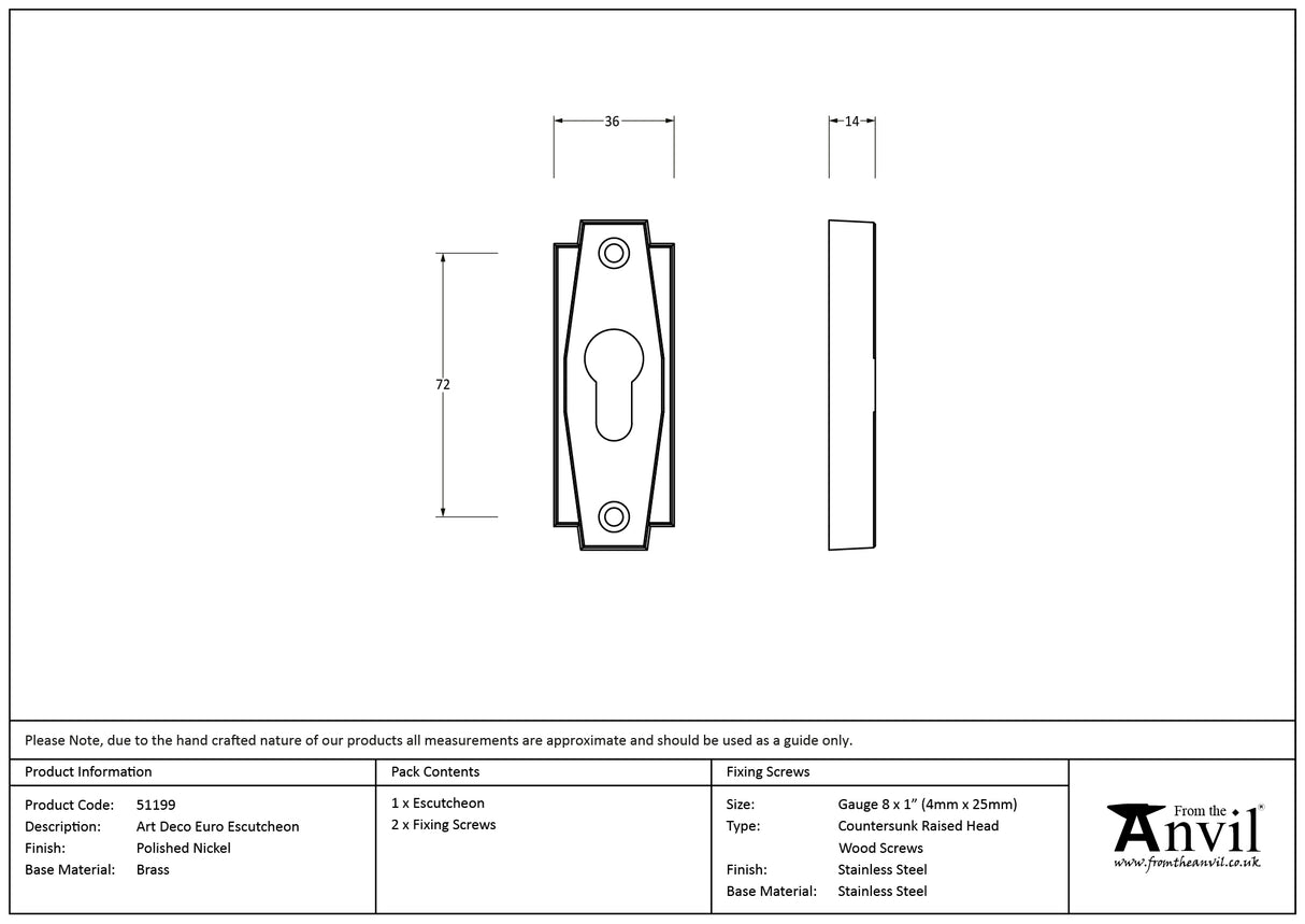 From The Anvil - Polished Nickel Art Deco Euro Escutcheon | Sku. 51199 | Trade Door Handles.