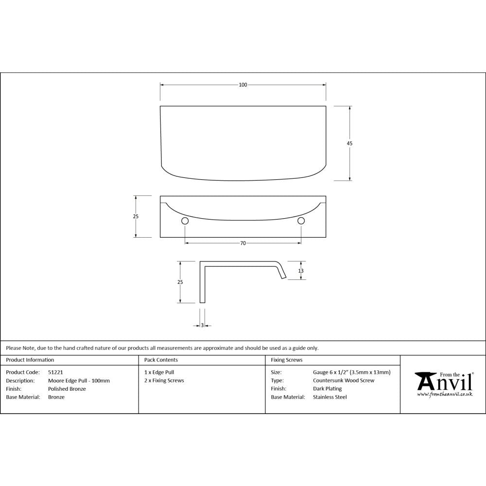 From The Anvil - Polished Bronze 100mm Moore Edge Pull | Sku. 51221 | Trade Door Handles.