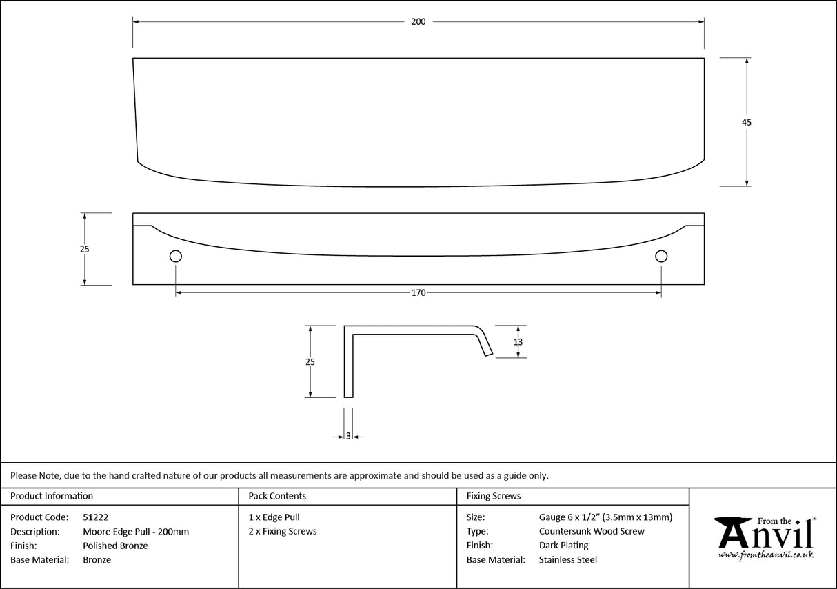 From The Anvil - Polished Bronze 200mm Moore Edge Pull | Sku. 51222 | Trade Door Handles.