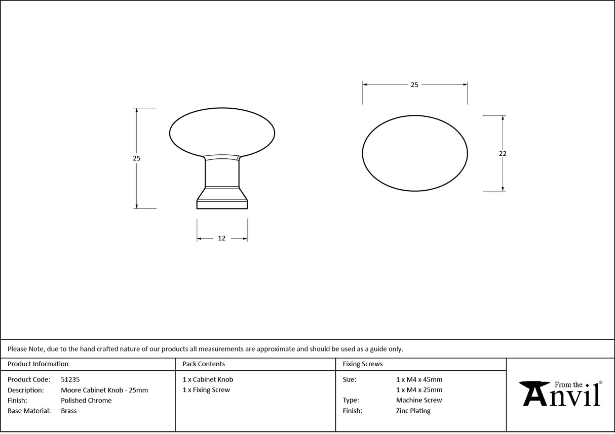 From The Anvil - Polished Chrome Moore Cabinet Knob - 25mm | Sku. 51235 | Trade Door Handles.