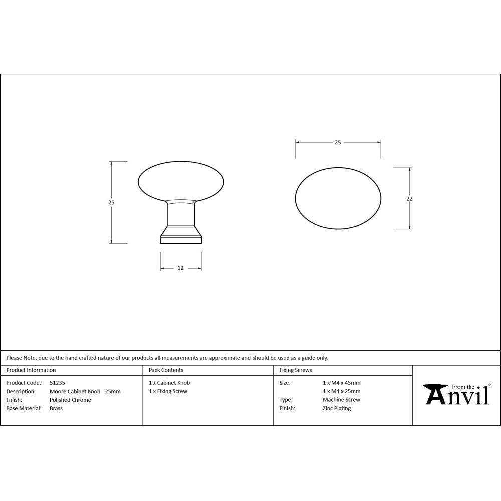 From The Anvil - Polished Chrome Moore Cabinet Knob - 25mm | Sku. 51235 | Trade Door Handles.