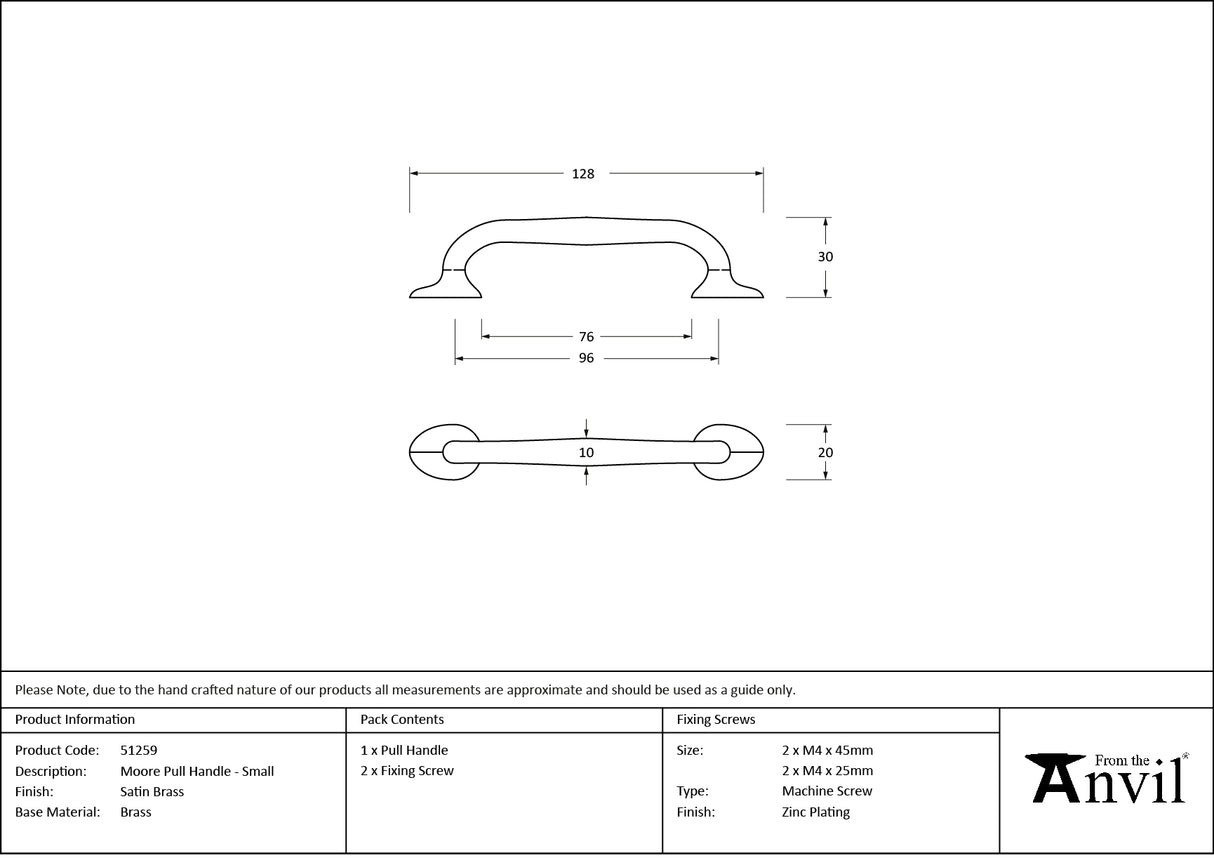 From The Anvil - Satin Brass Moore Pull Handle - Small | Sku. 51259 | Trade Door Handles.